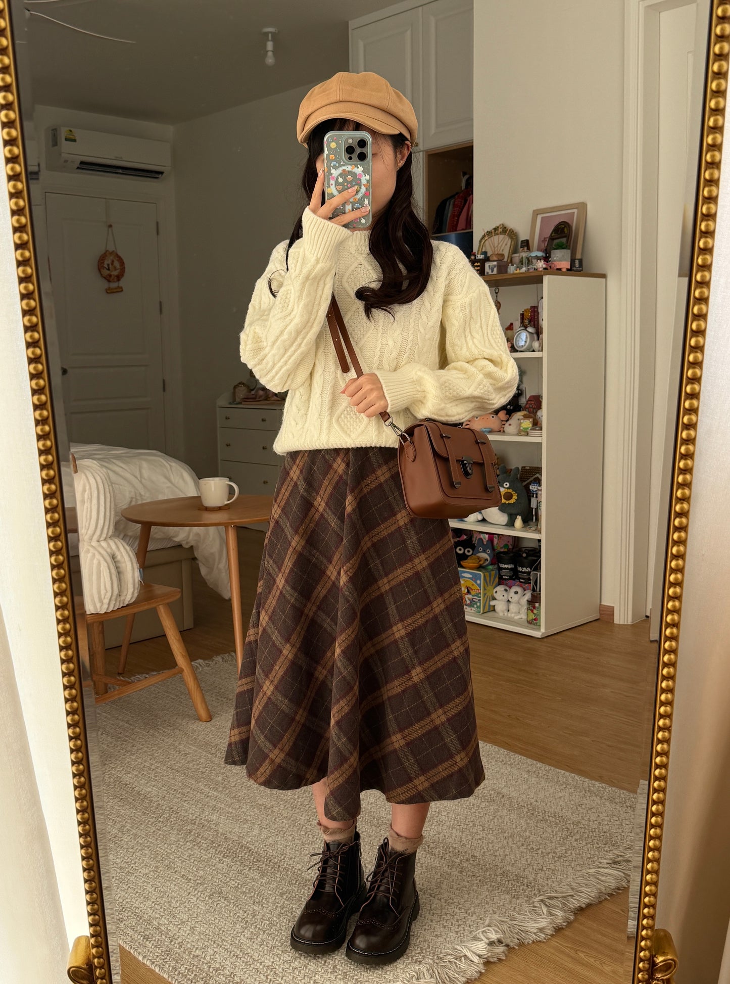 Oxford Plaid Midi Skirt (Brown)
