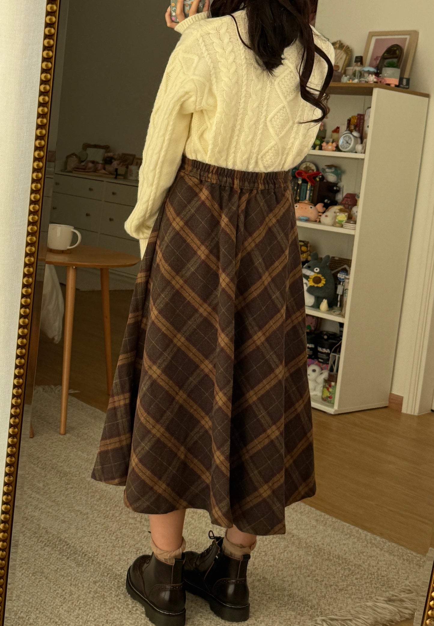 Oxford Plaid Midi Skirt (Brown)