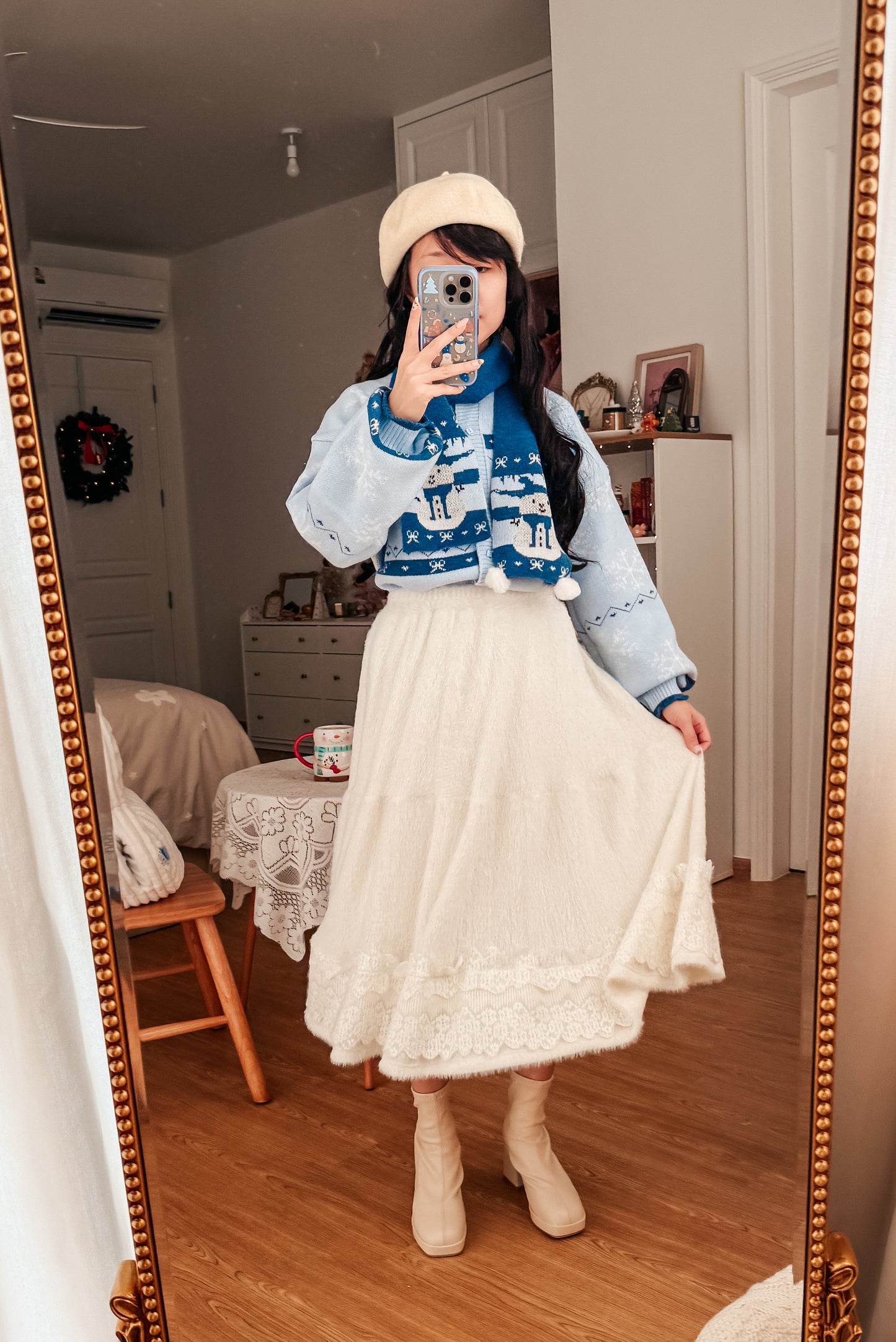 Fuzzy Blanket Midi Skirt (White)
