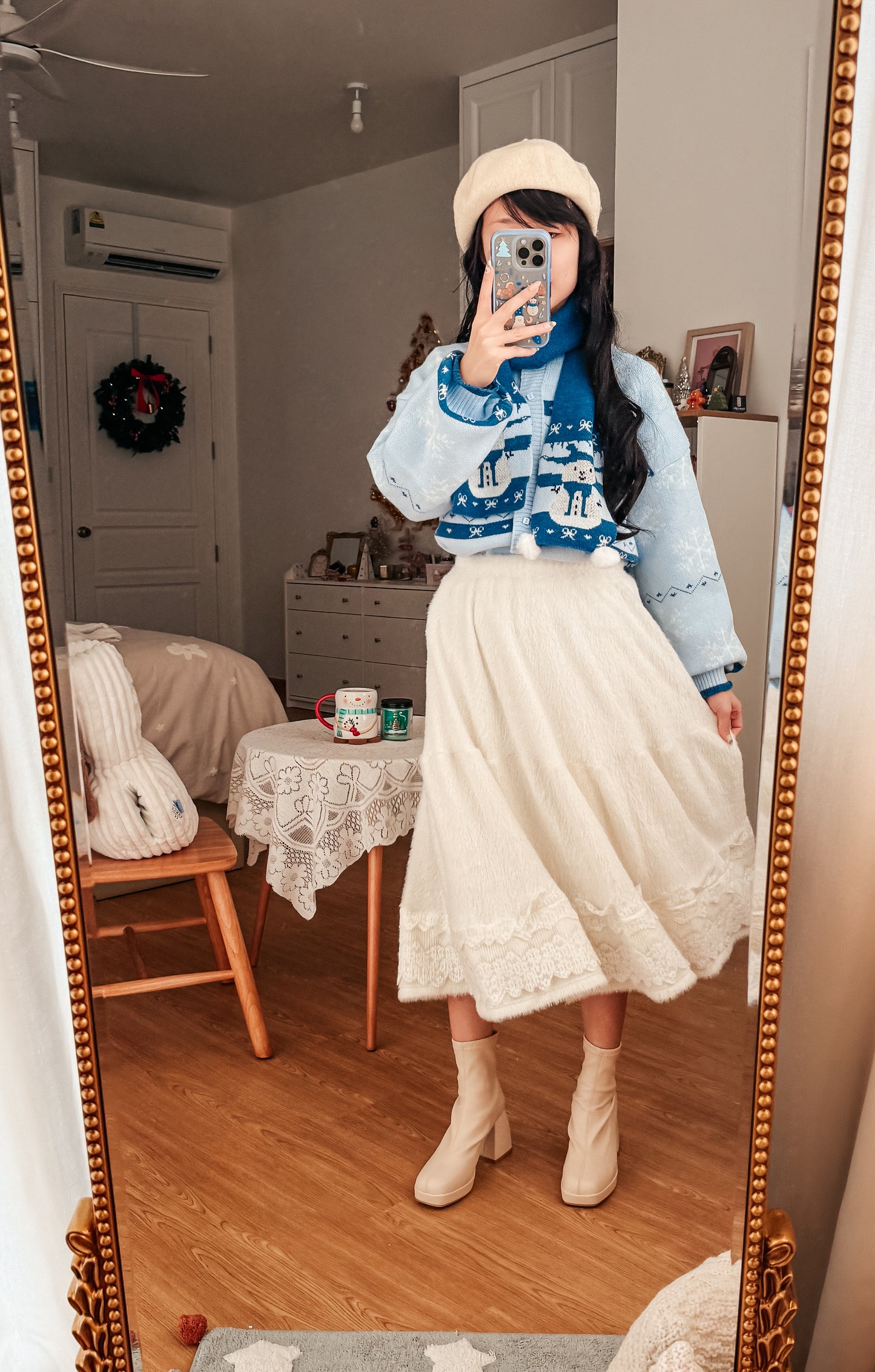 Fuzzy Blanket Midi Skirt (White)