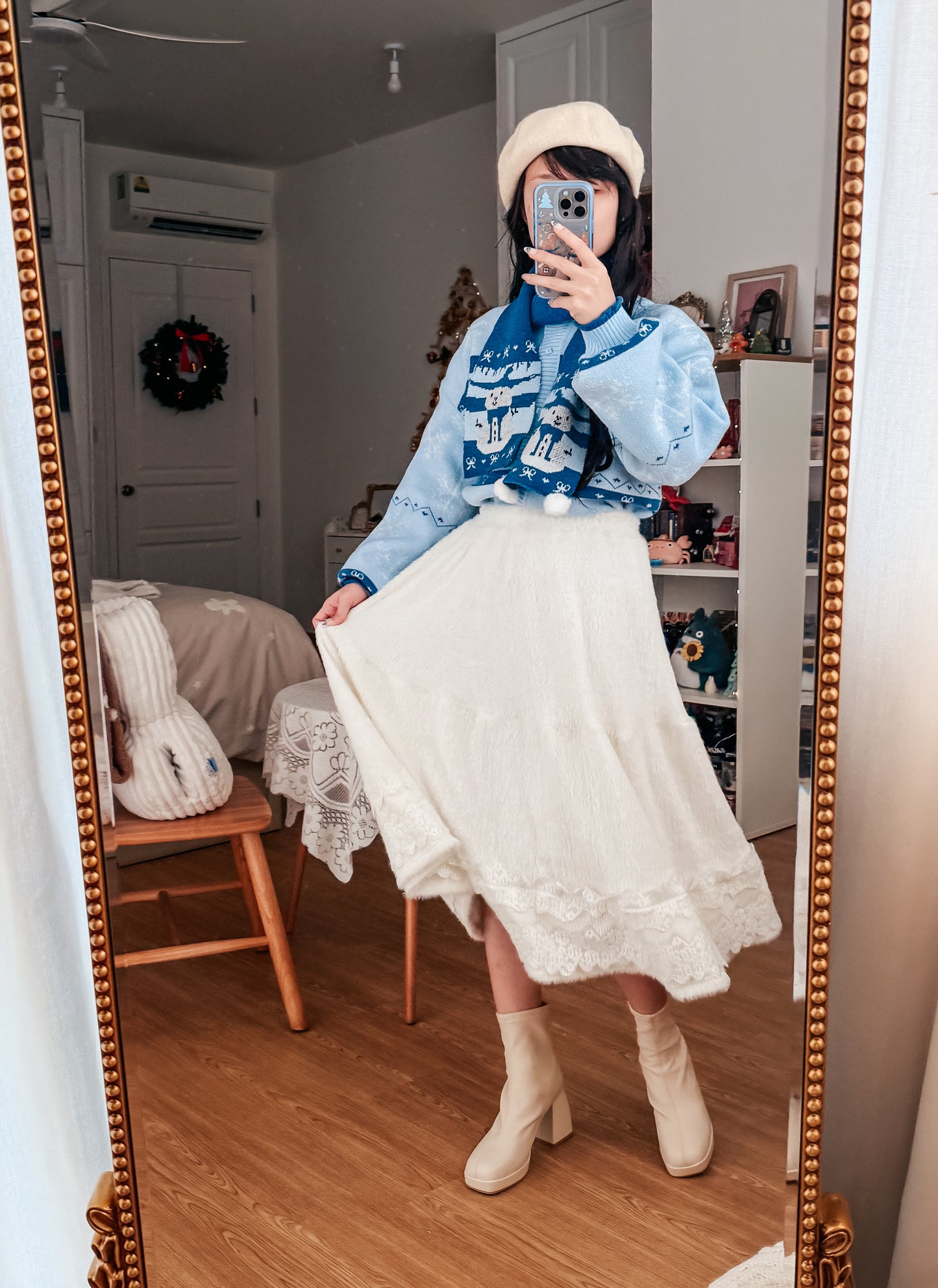 Fuzzy Blanket Midi Skirt (White)