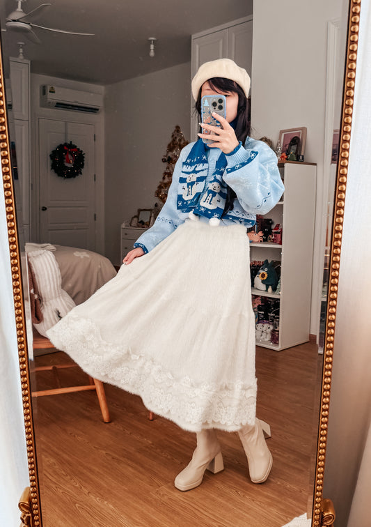 Fuzzy Blanket Midi Skirt (White)