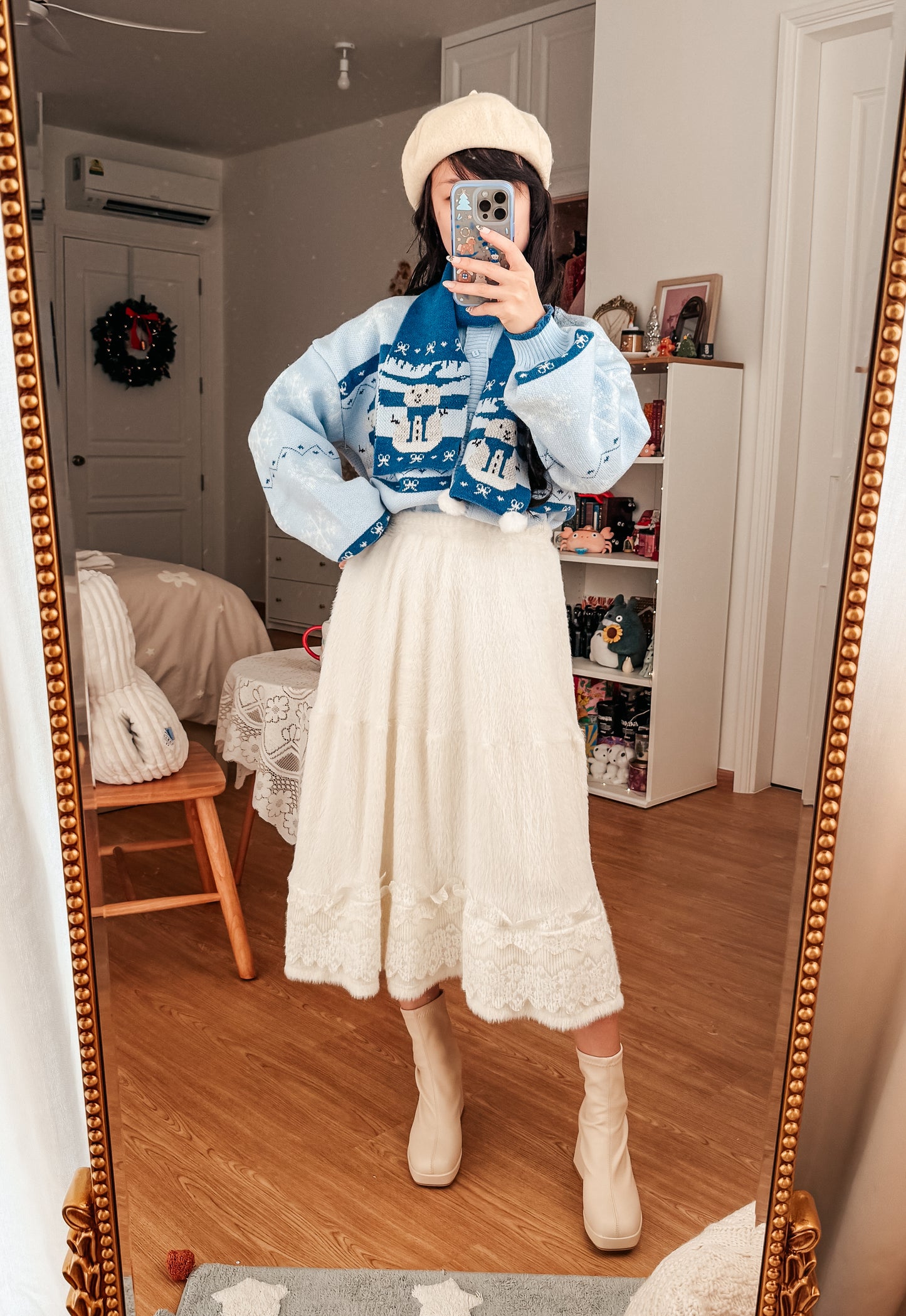 Fuzzy Blanket Midi Skirt (White)