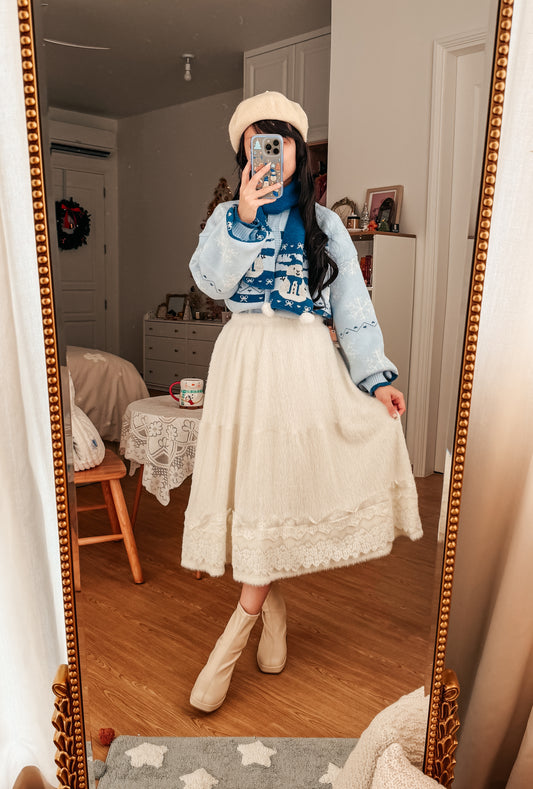 Fuzzy Blanket Midi Skirt (White)