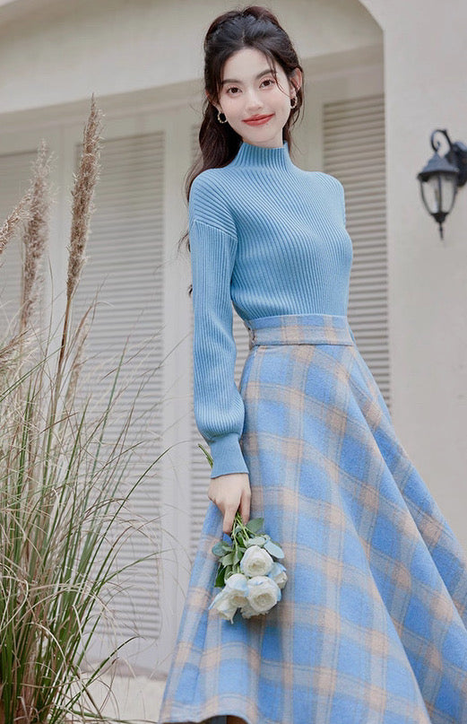 Frozen Plaid Midi Skirt (Blue)