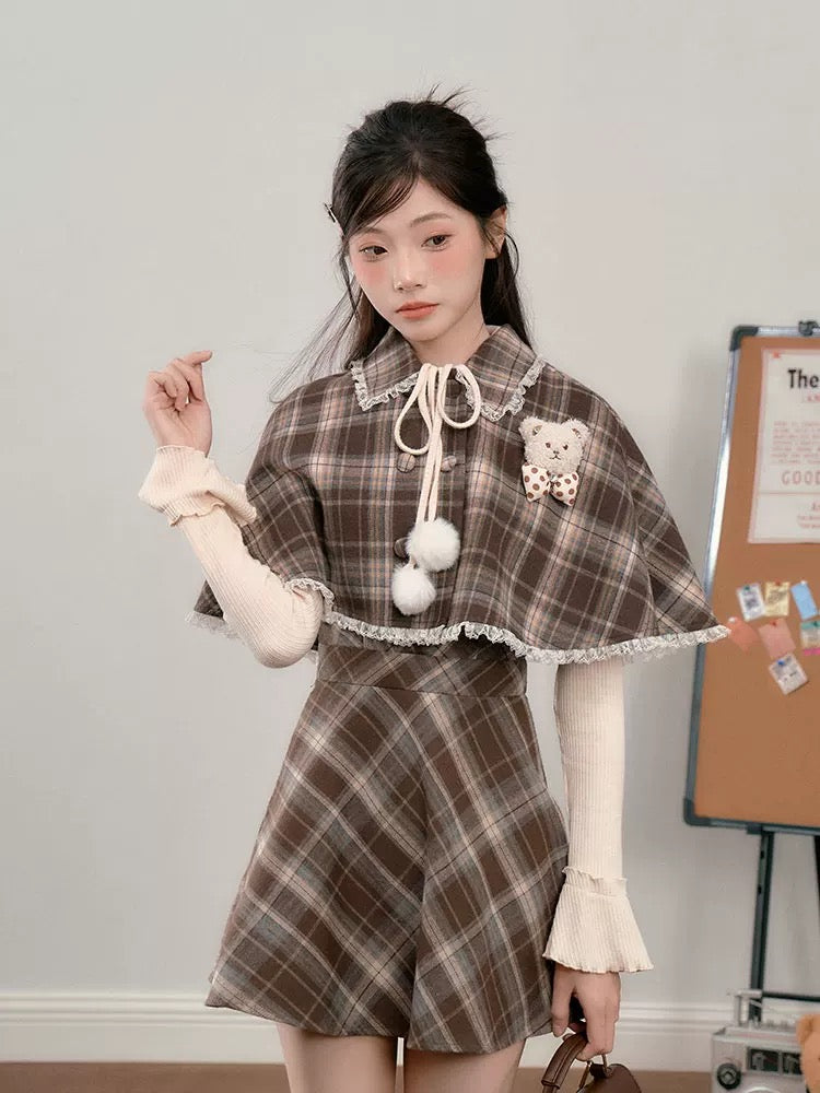 Walnut Plaid Twofer Mini Dress & Capelet Set (Brown)
