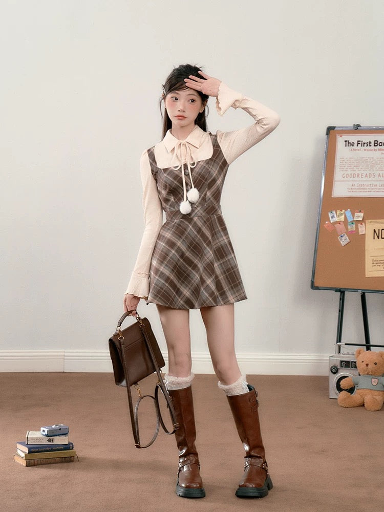 Walnut Plaid Twofer Mini Dress & Capelet Set (Brown)