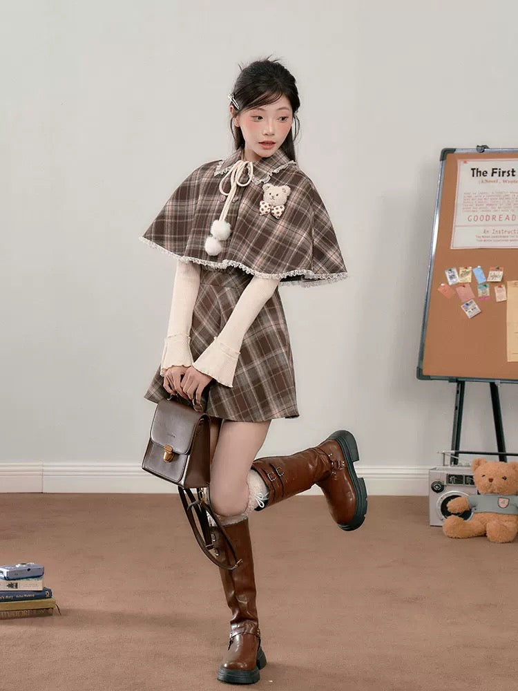 Walnut Plaid Twofer Mini Dress & Capelet Set (Brown)