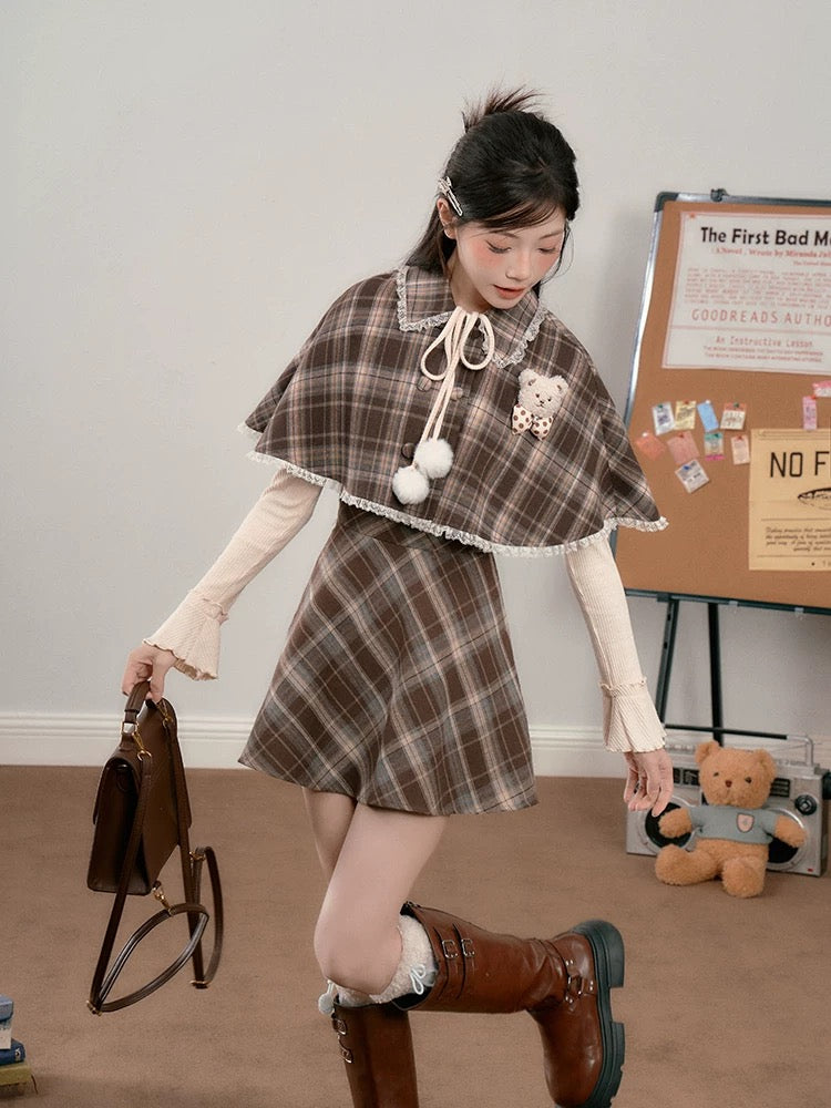 Walnut Plaid Twofer Mini Dress & Capelet Set (Brown)