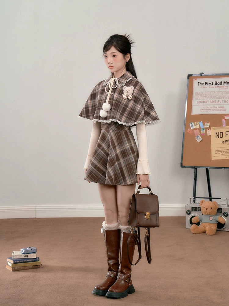 Walnut Plaid Twofer Mini Dress & Capelet Set (Brown)