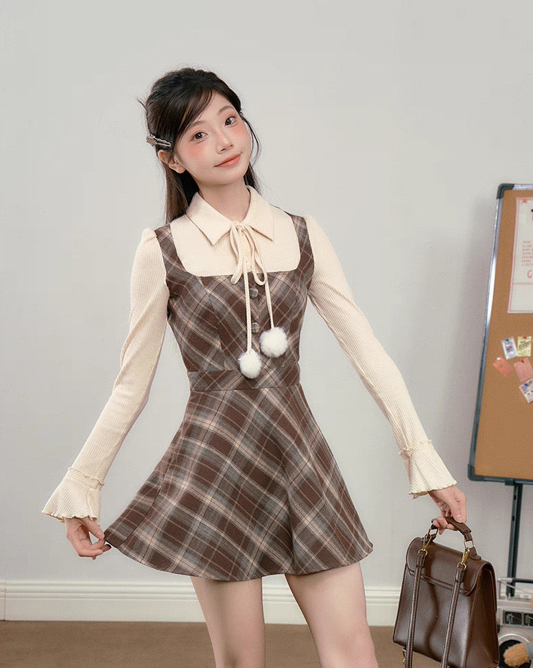 Walnut Plaid Twofer Mini Dress & Capelet Set (Brown)