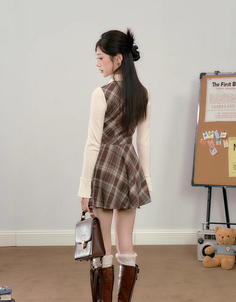 Walnut Plaid Twofer Mini Dress & Capelet Set (Brown)