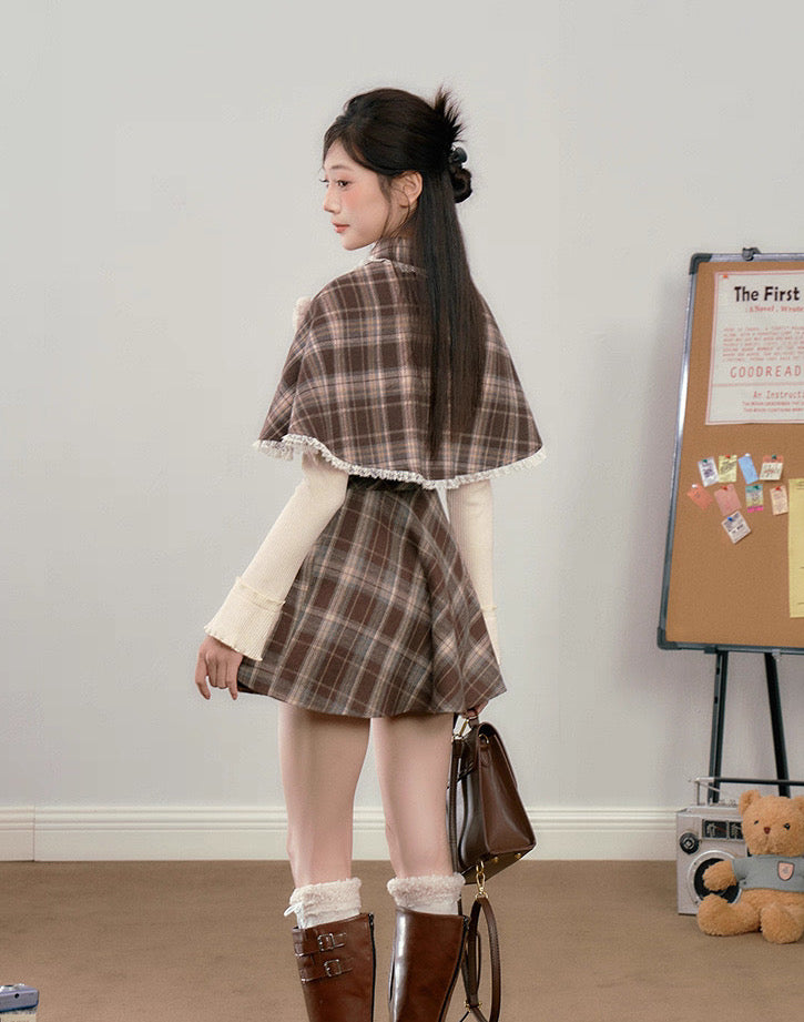 Walnut Plaid Twofer Mini Dress & Capelet Set (Brown)