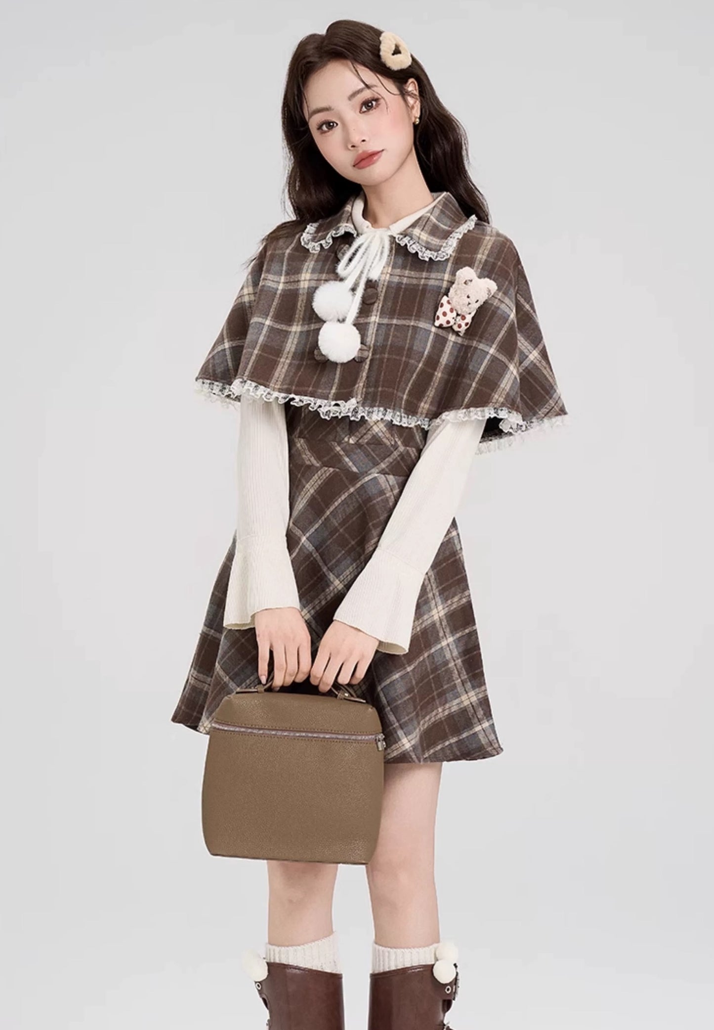 Walnut Plaid Twofer Mini Dress & Capelet Set (Brown)