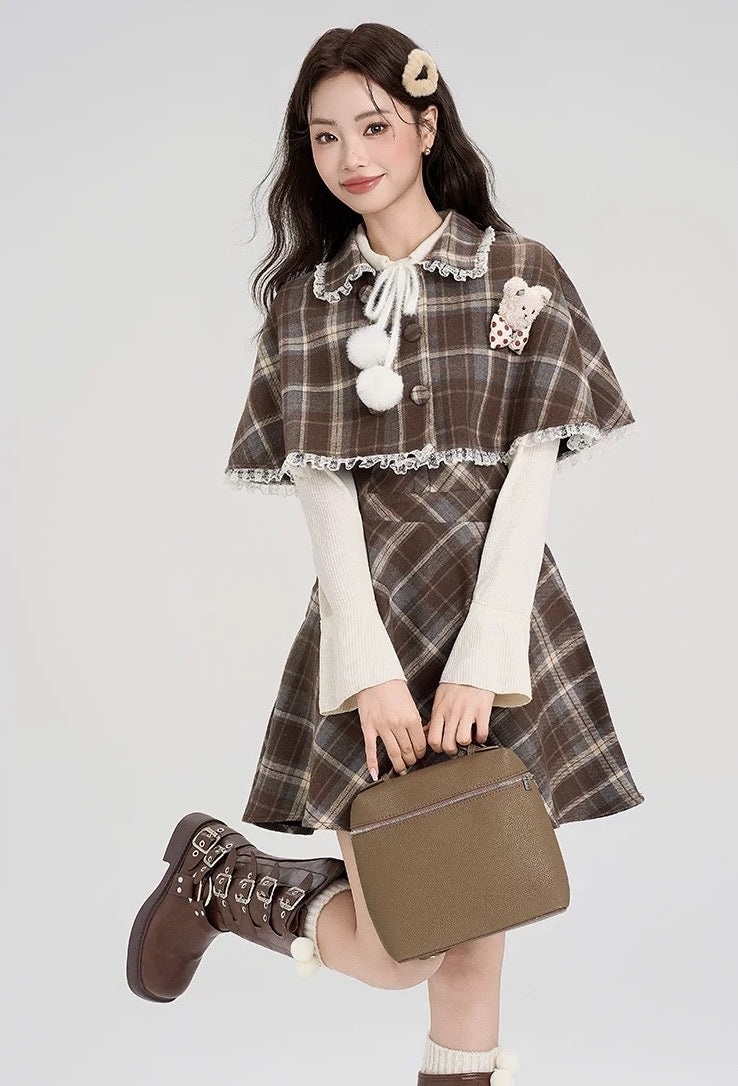 Walnut Plaid Twofer Mini Dress & Capelet Set (Brown)