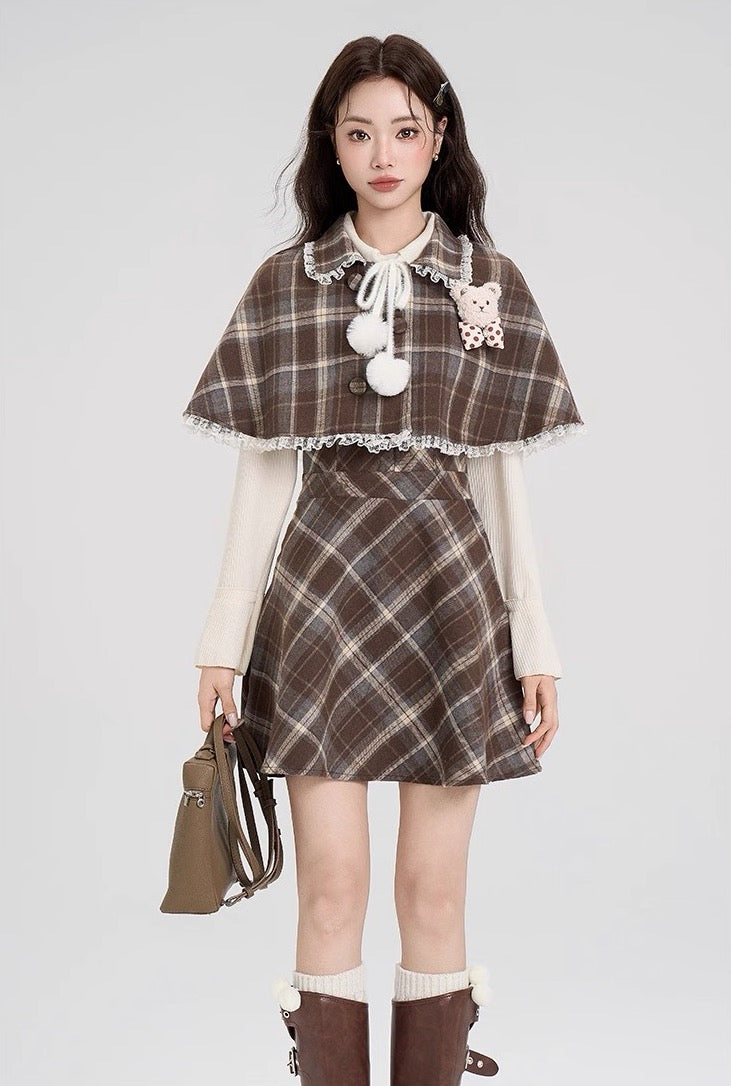 Walnut Plaid Twofer Mini Dress & Capelet Set (Brown)