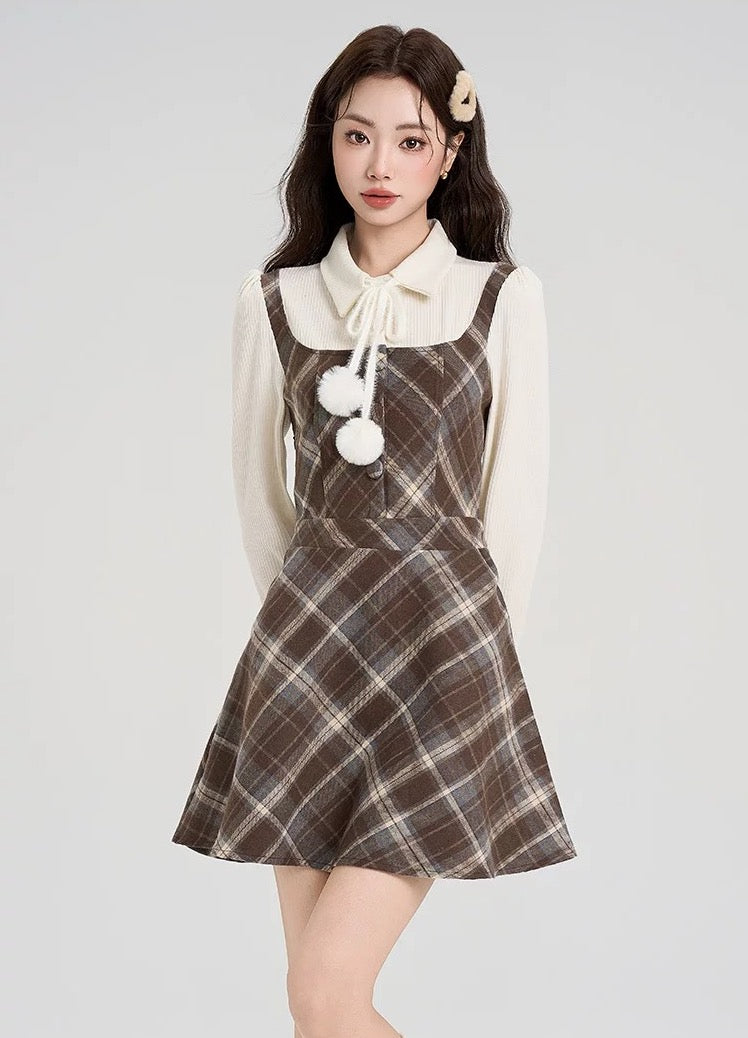 Walnut Plaid Twofer Mini Dress & Capelet Set (Brown)