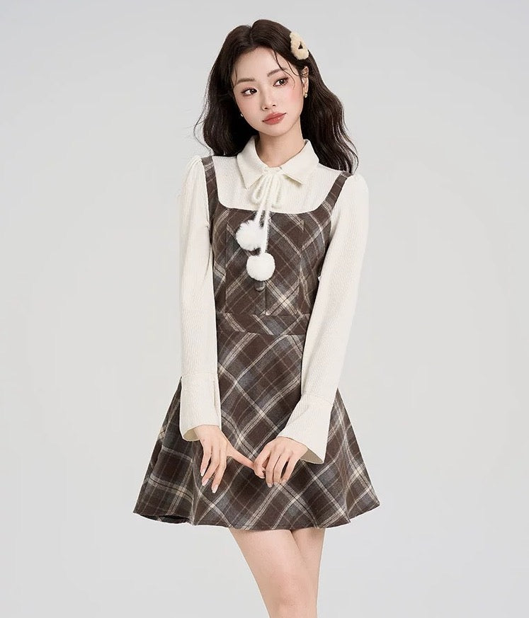 Walnut Plaid Twofer Mini Dress & Capelet Set (Brown)