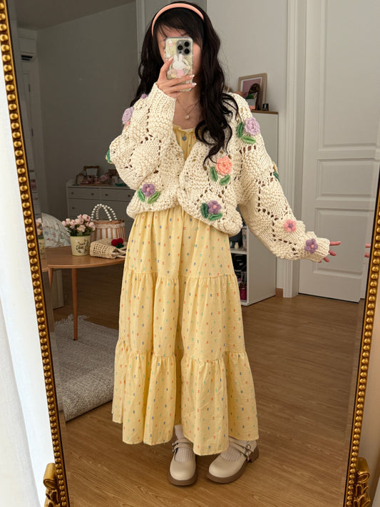 Chunky Floral Knit Cardigan (Cream)