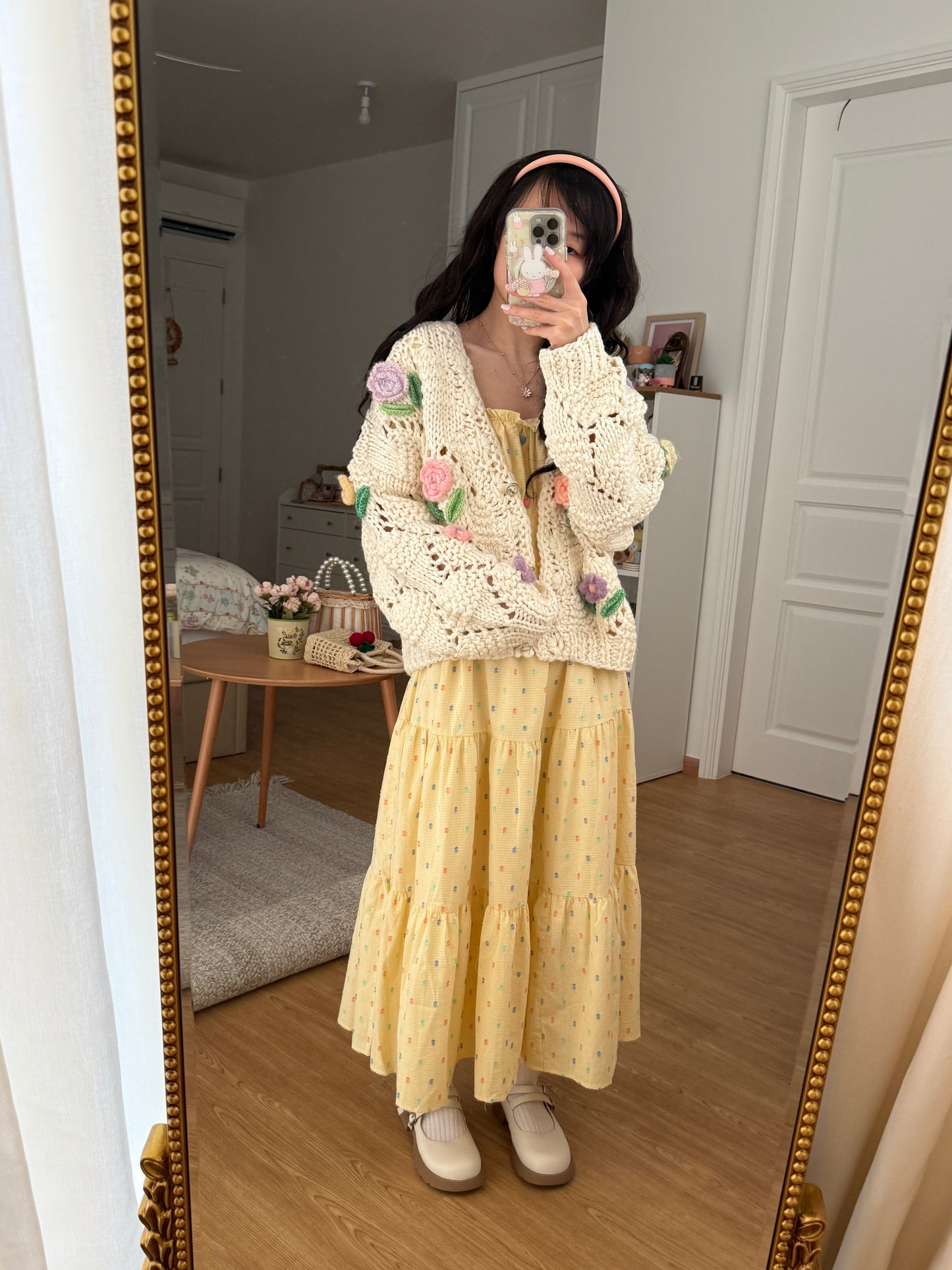 Chunky Floral Knit Cardigan (Cream)