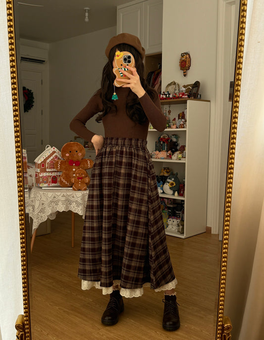 Lace Hem Plaid Midi Skirt (Brown)