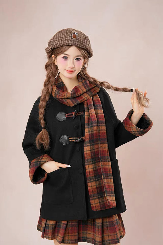 Bookshop Plaid Toggle Jacket & Skirt Set (Black)
