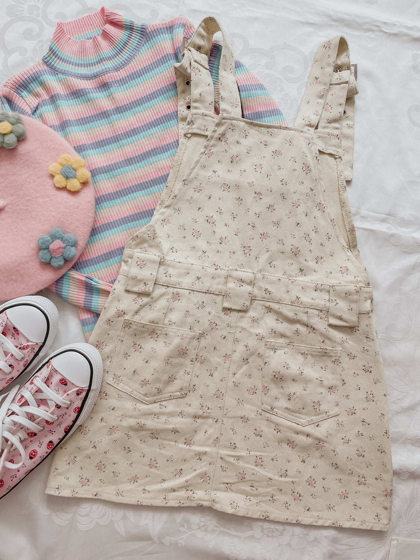 Ditsy Floral Mini Pinafore (Beige)