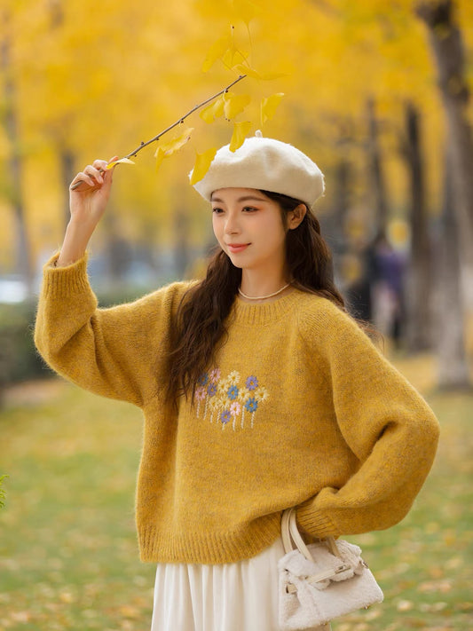 Flower Field Embroidered Sweater (4 Colors)