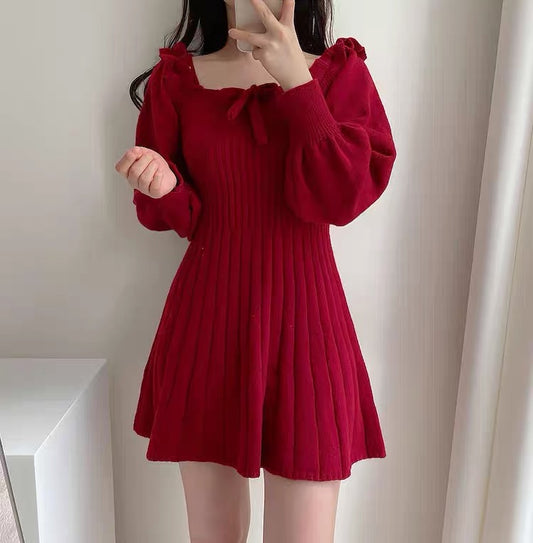 Ribbed Square Neck Mini Sweater Dress (Red)