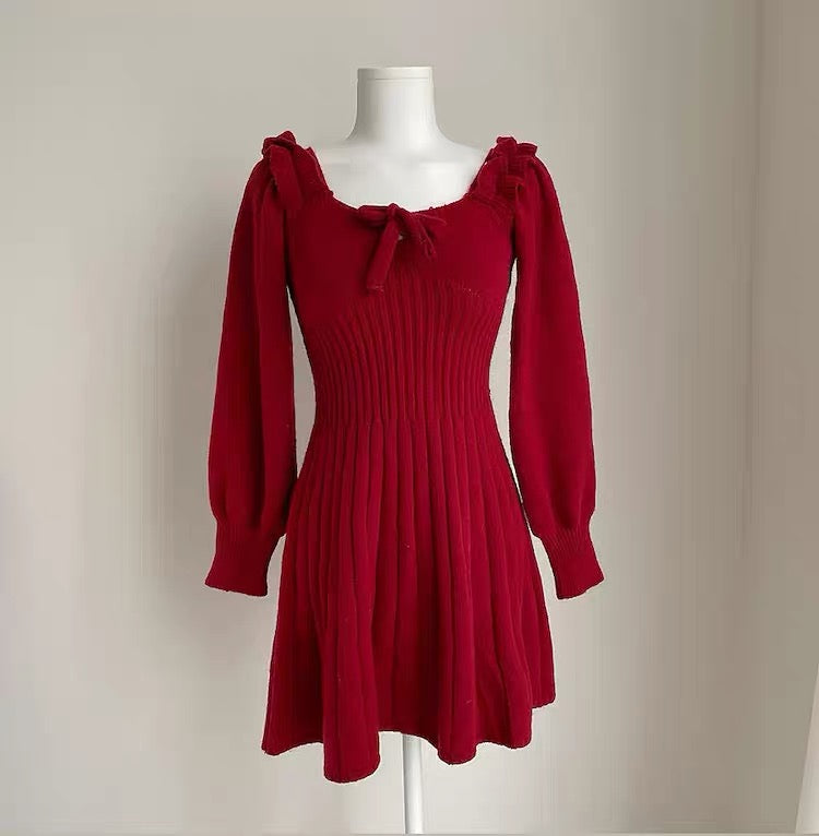 Ribbed Square Neck Mini Sweater Dress (Red)