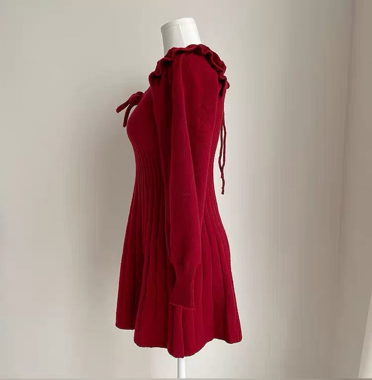Ribbed Square Neck Mini Sweater Dress (Red)