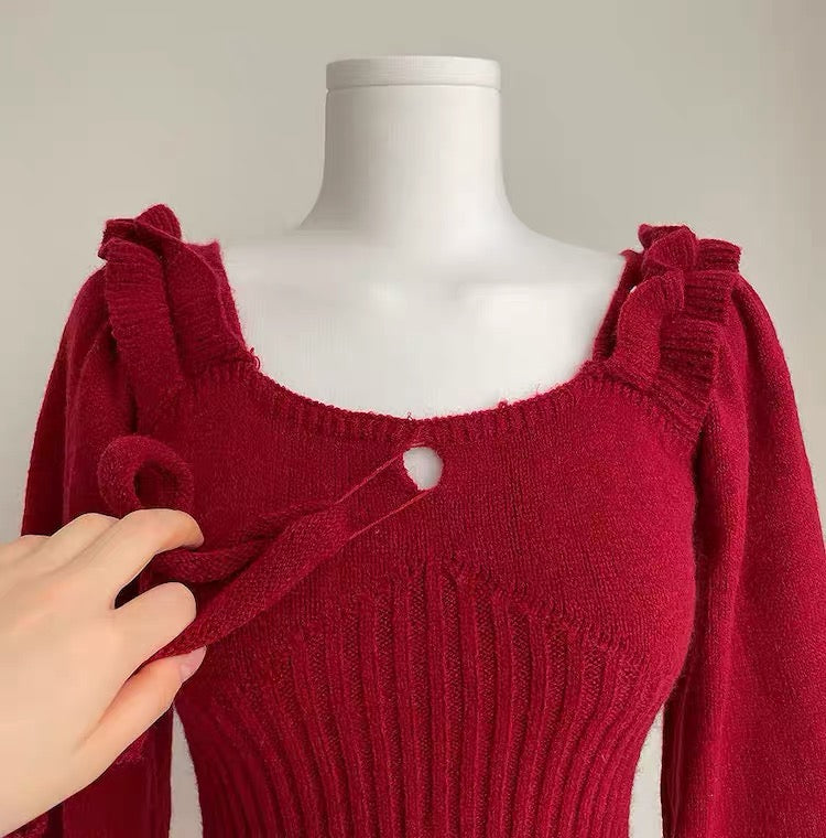 Ribbed Square Neck Mini Sweater Dress (Red)