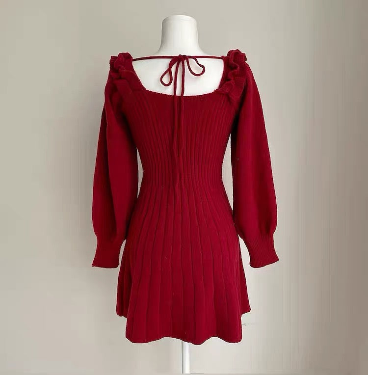 Ribbed Square Neck Mini Sweater Dress (Red)