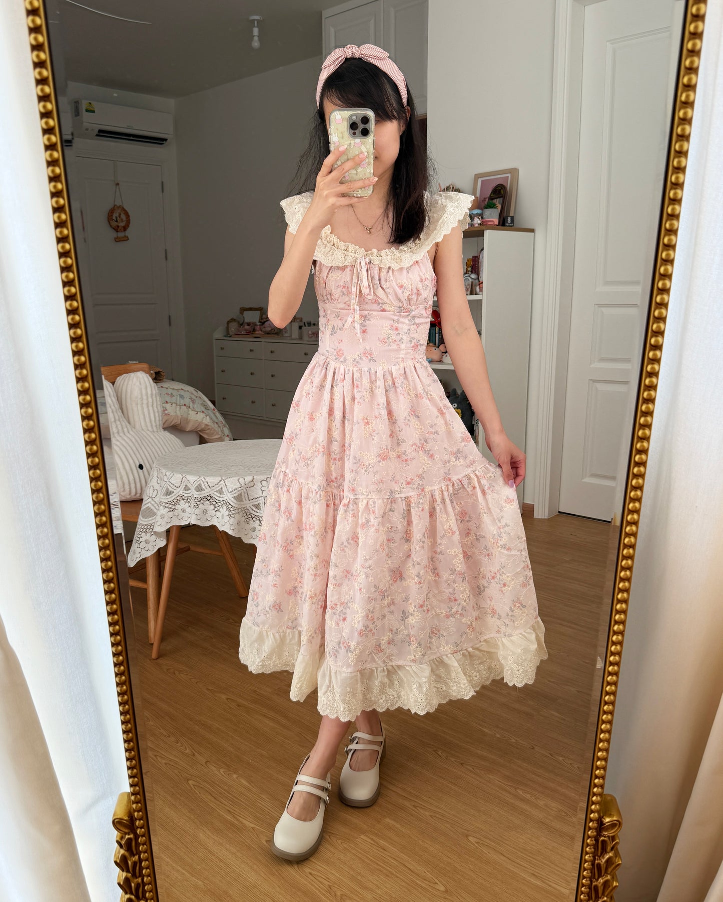 Floral Broderie Flutter Sleeve Midi Dress (Pink)