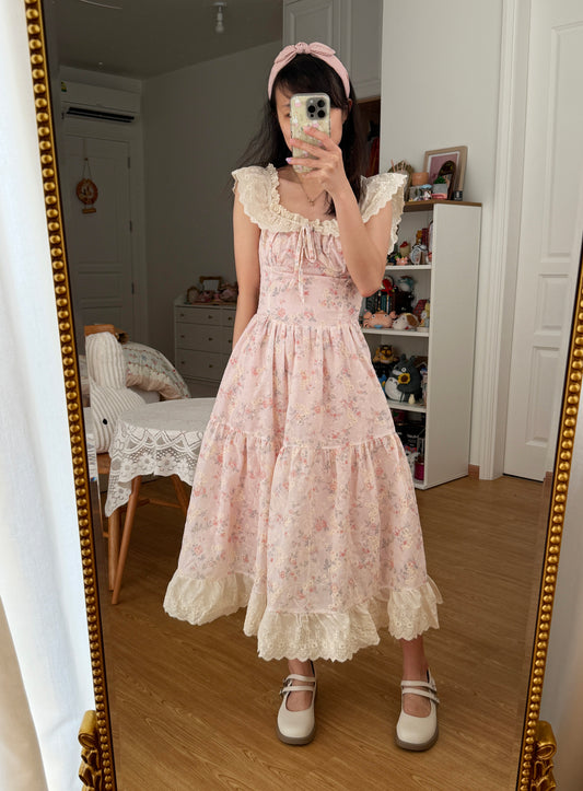 Floral Broderie Flutter Sleeve Midi Dress (Pink)