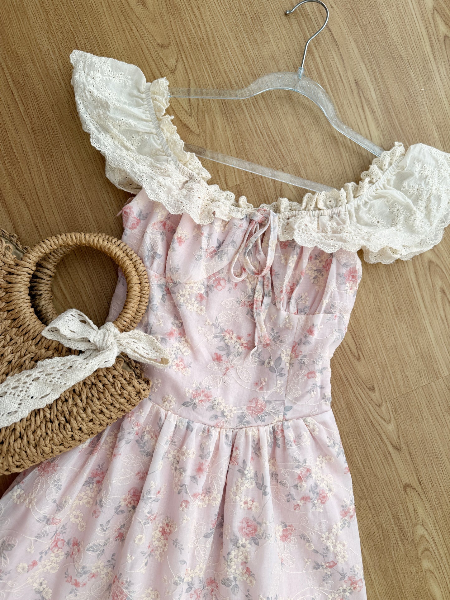 Floral Broderie Flutter Sleeve Midi Dress (Pink)