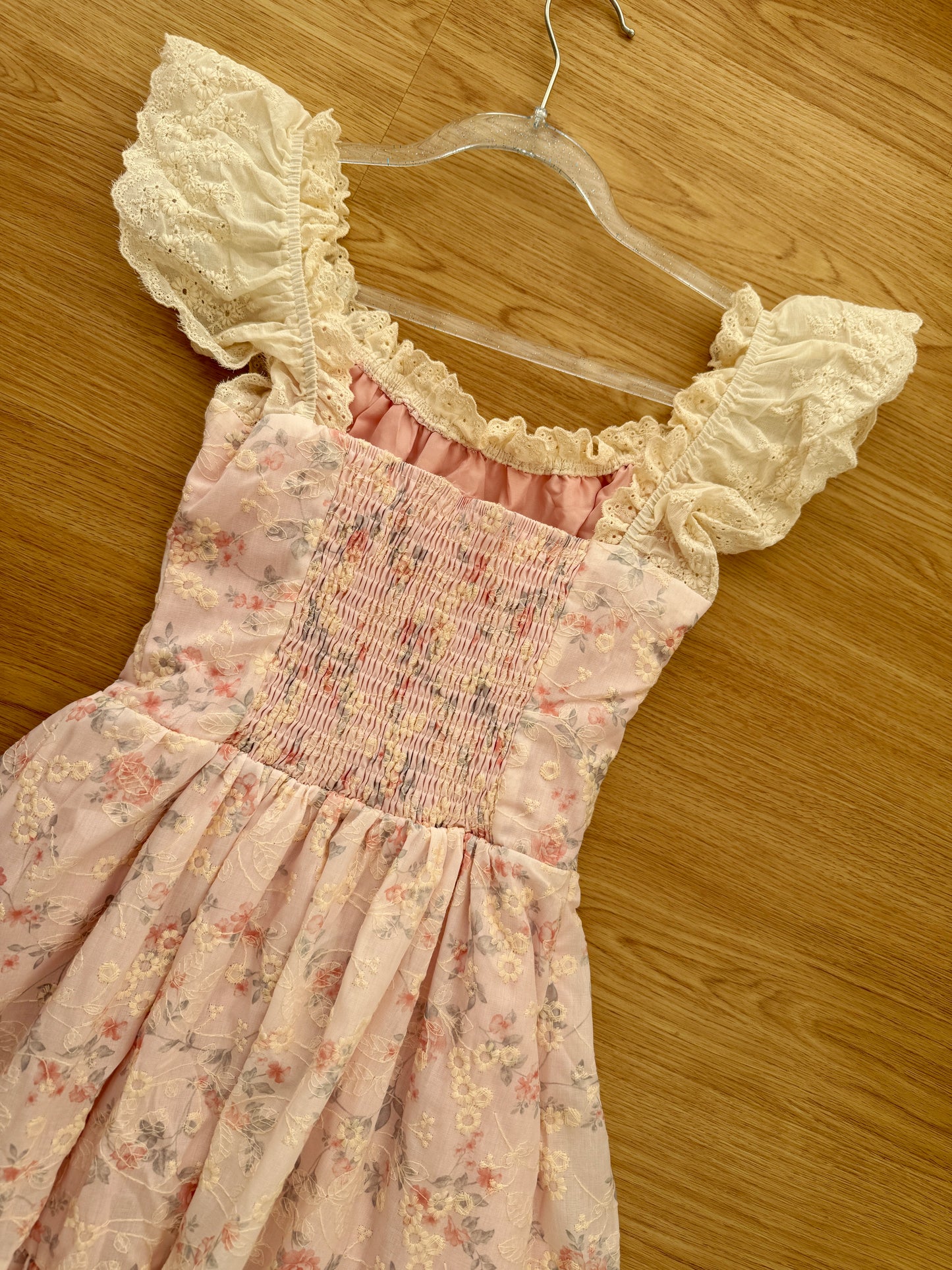 Floral Broderie Flutter Sleeve Midi Dress (Pink)