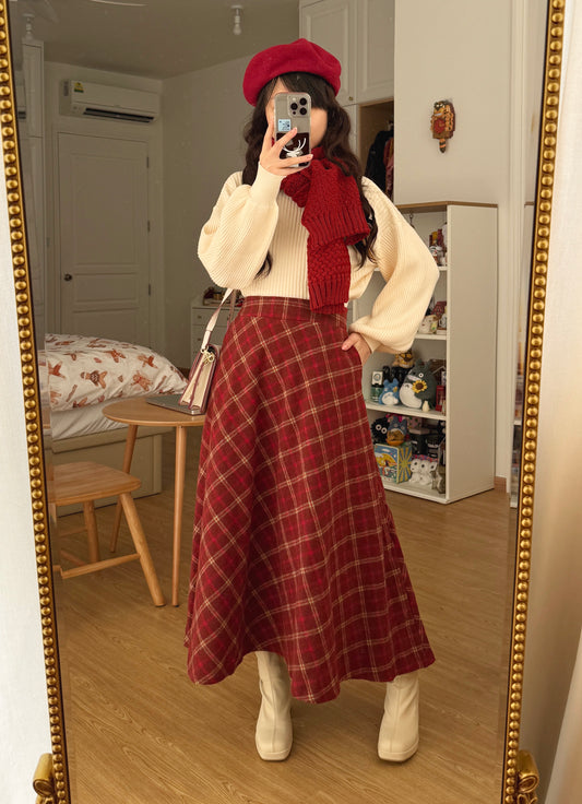 Biscuit Plaid Midi Skirt (Red)