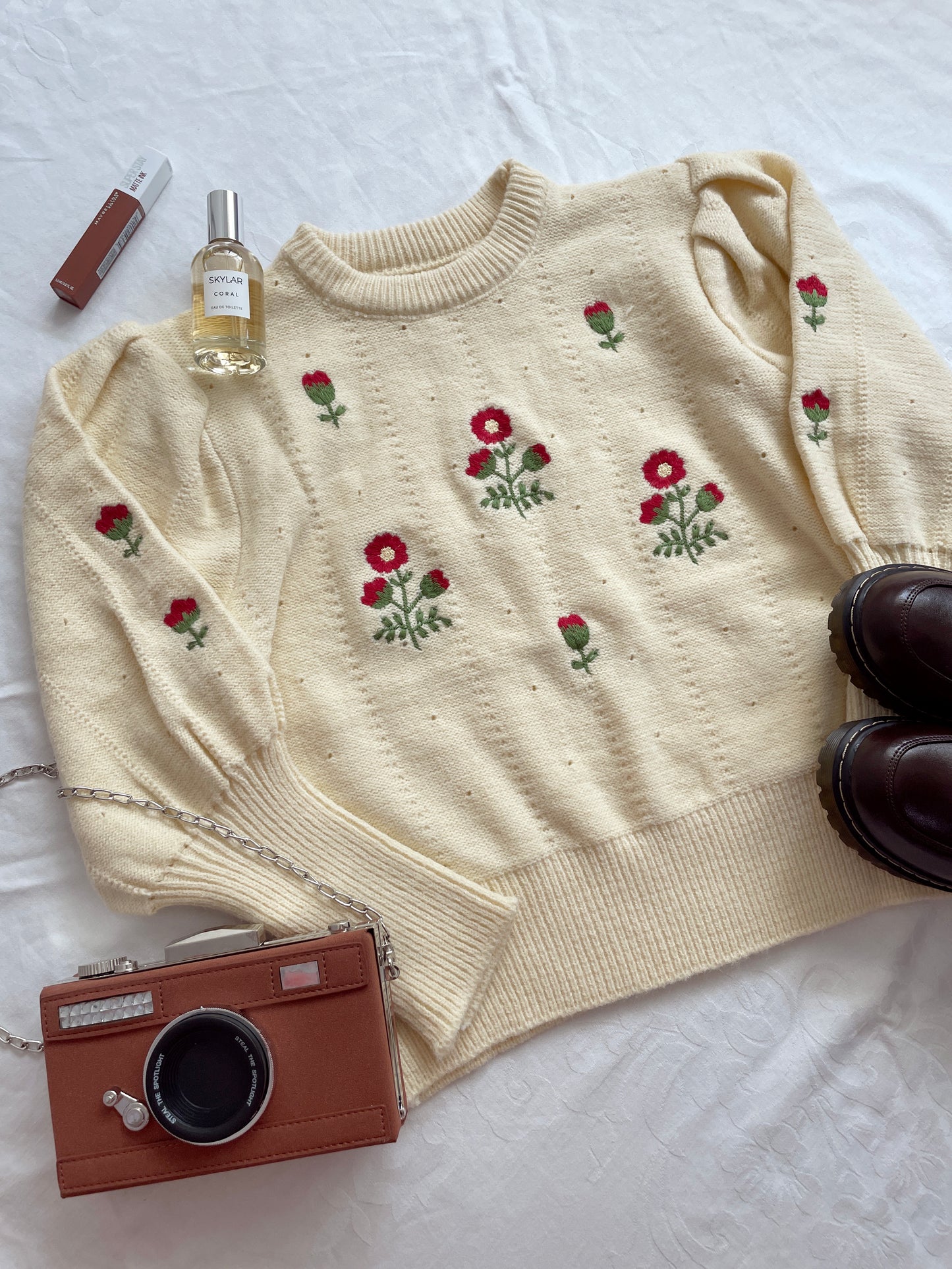 Flower Pop Puff Sleeve Sweater (Cream)