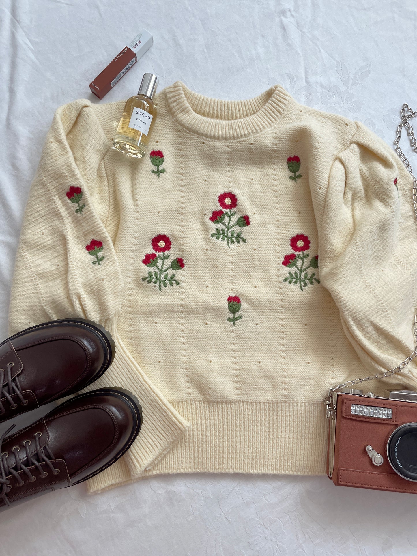 Flower Pop Puff Sleeve Sweater (Cream)