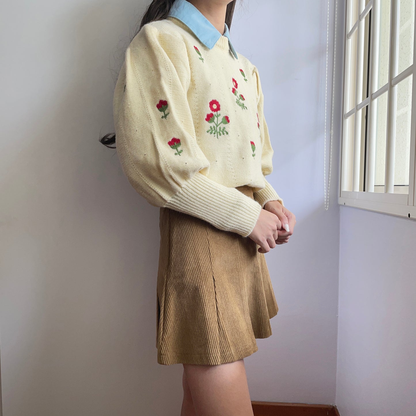 Flower Pop Puff Sleeve Sweater (Cream)