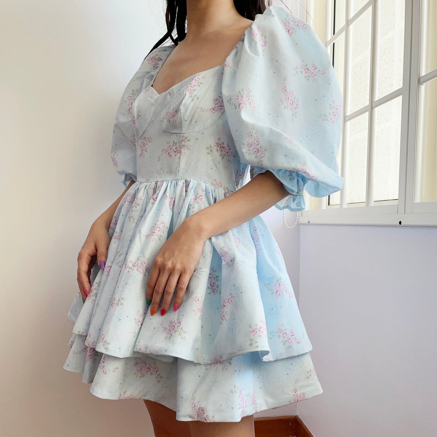 Garden Rose Puff Mini Twirl Dress (Blue)
