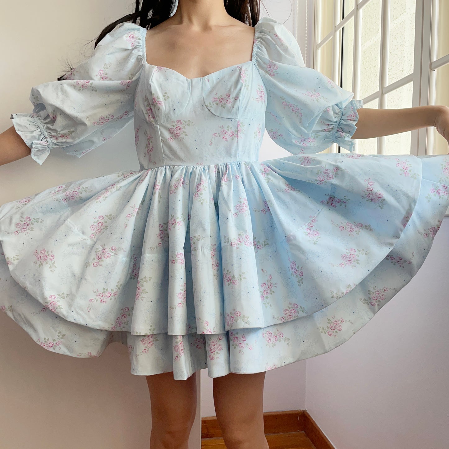 Garden Rose Puff Mini Twirl Dress (Blue)