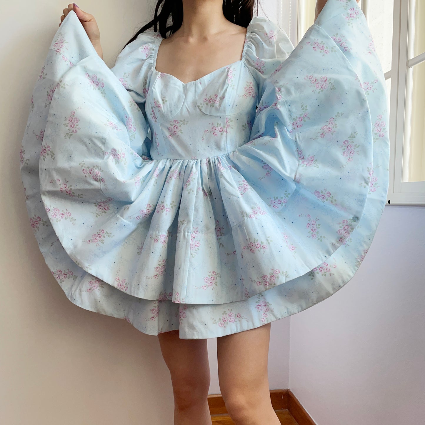 Garden Rose Puff Mini Twirl Dress (Blue)