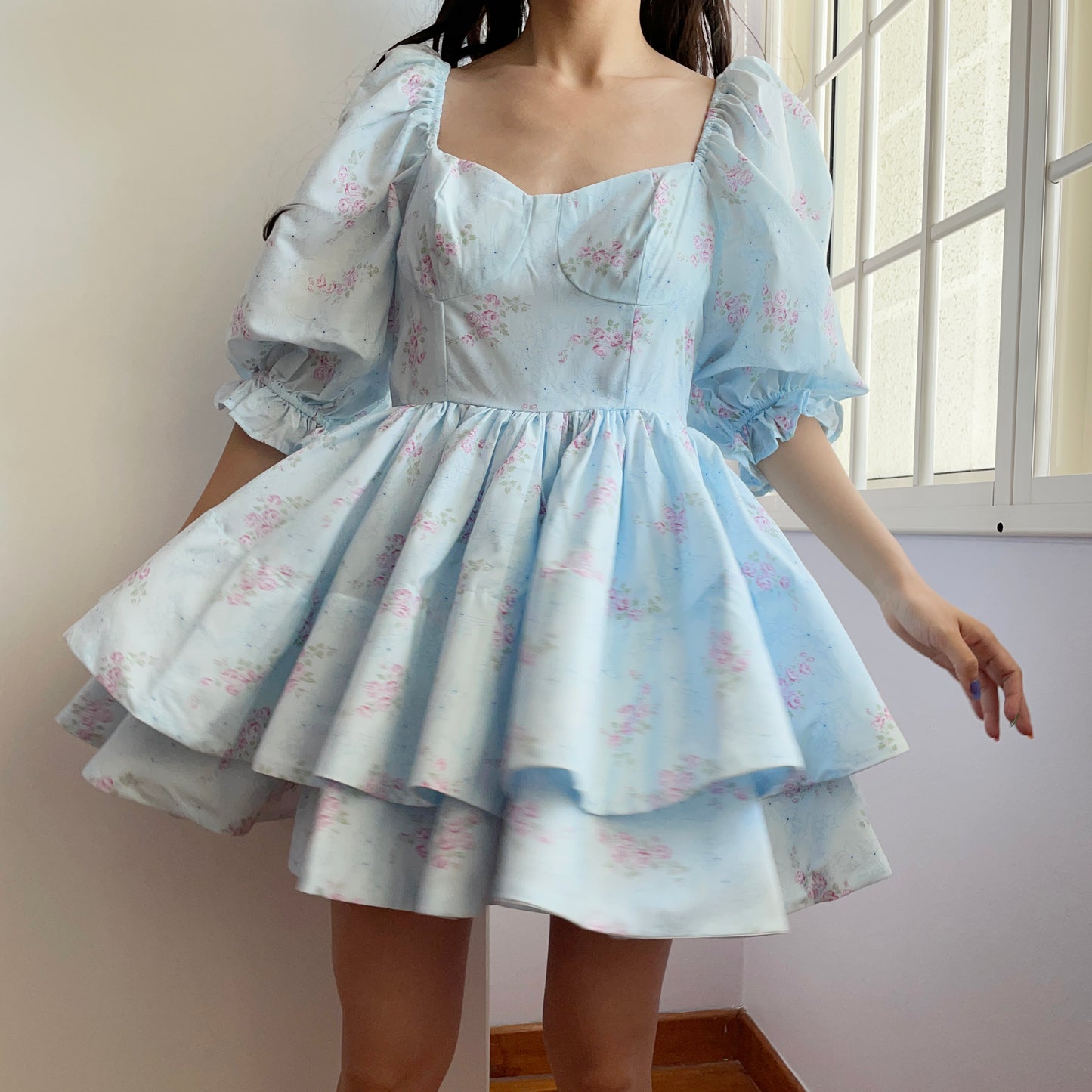 Garden Rose Puff Mini Twirl Dress (Blue)