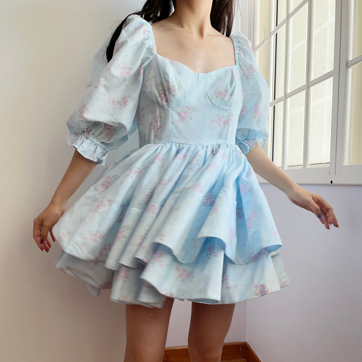 Garden Rose Puff Mini Twirl Dress (Blue)