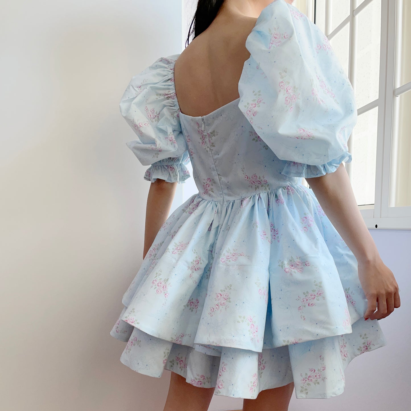 Garden Rose Puff Mini Twirl Dress (Blue)