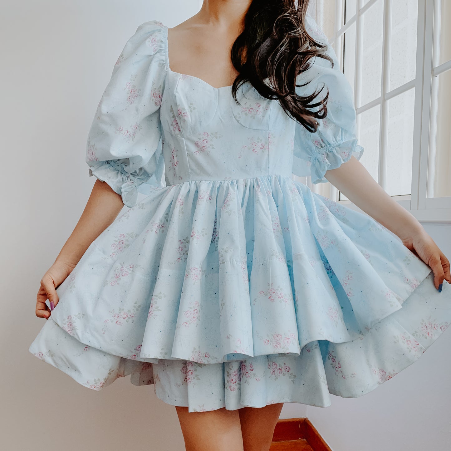 Garden Rose Puff Mini Twirl Dress (Blue)