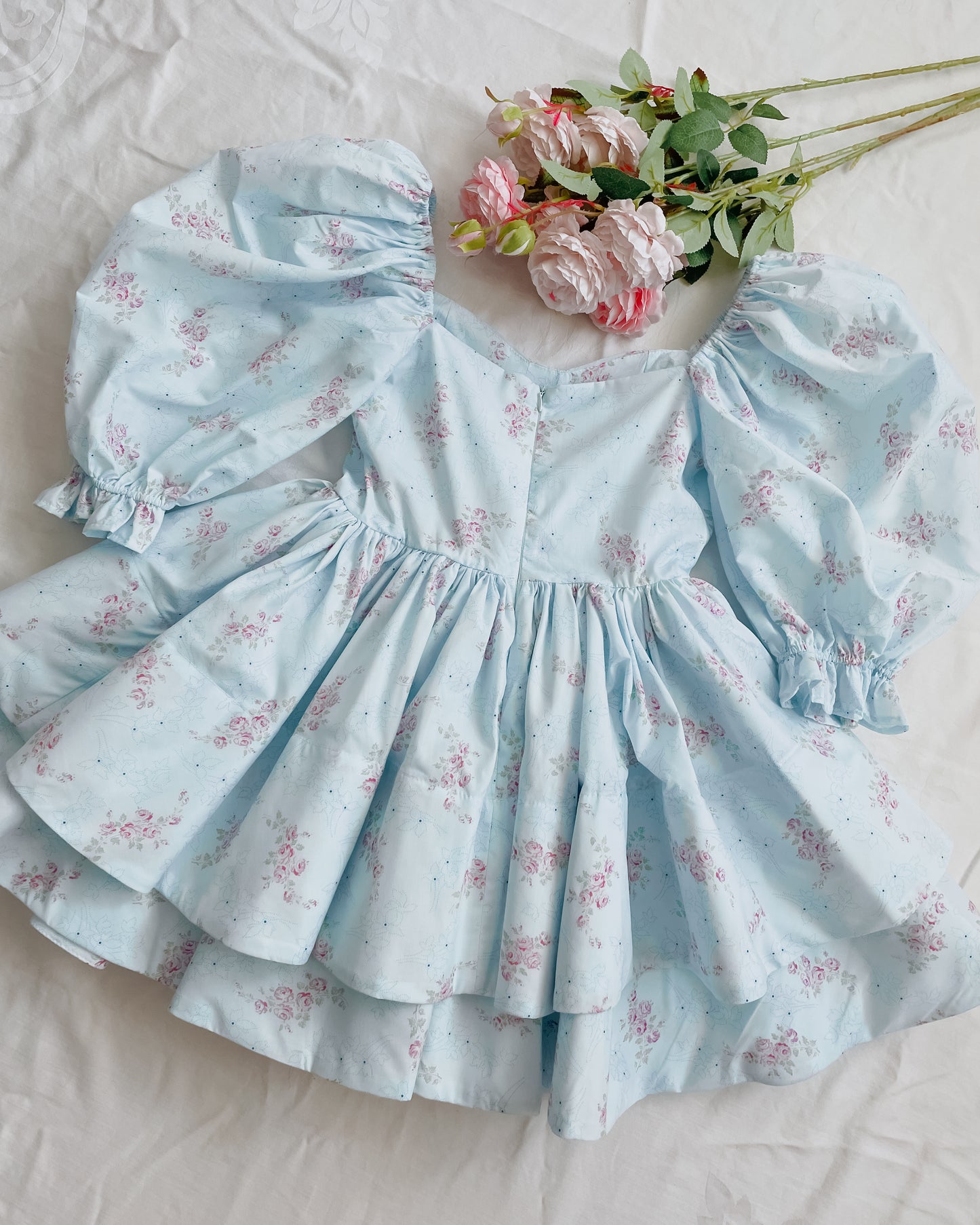 Garden Rose Puff Mini Twirl Dress (Blue)