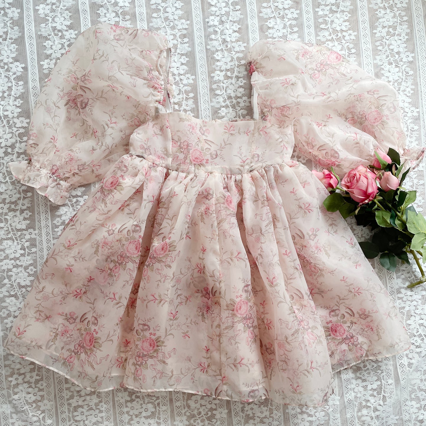 French Rose Mini Puff Dress (Pink)